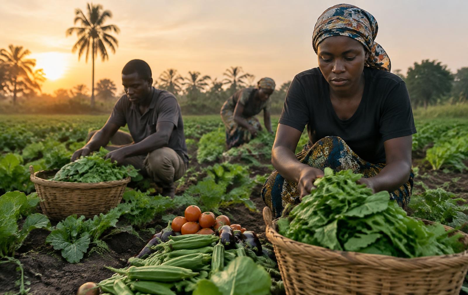 Farmers harvesting fresh vegetables at sunrise