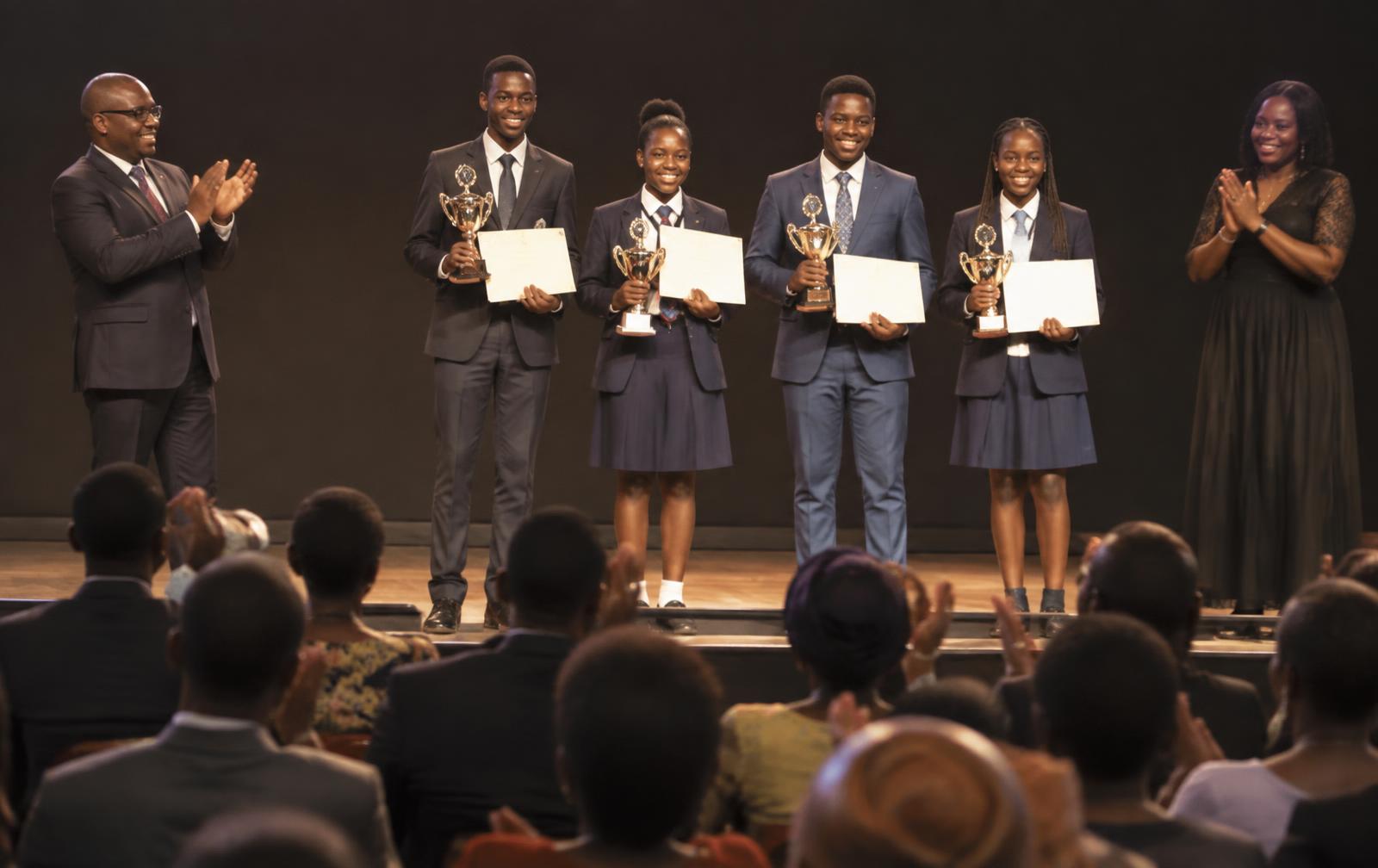 Students receiving trophies on stage