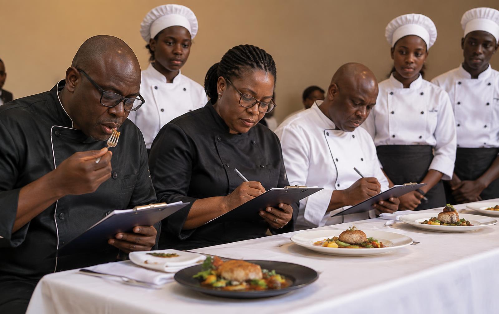 Chefs assessing plated dishes at a culinary event