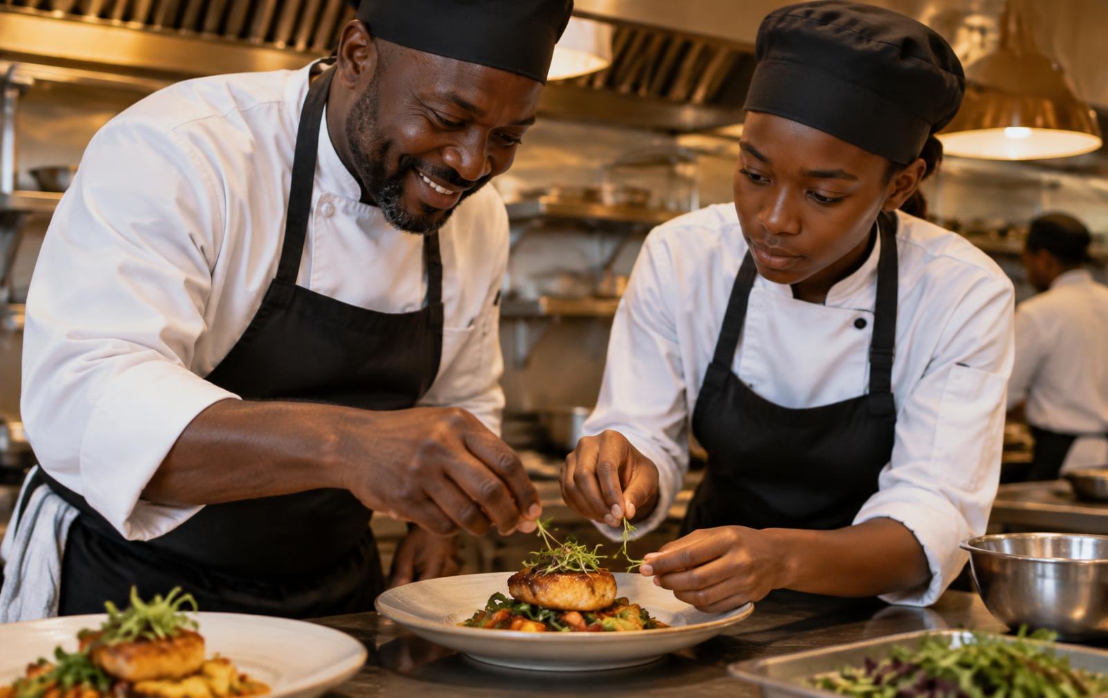 A chef mentoring a young apprentice while plating a dish